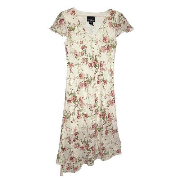 ๐ธ Vintage White Floral Midi Dress V Neck Slant Hem Romantic Cottagecore Sz 8 - Picture 1 of 9